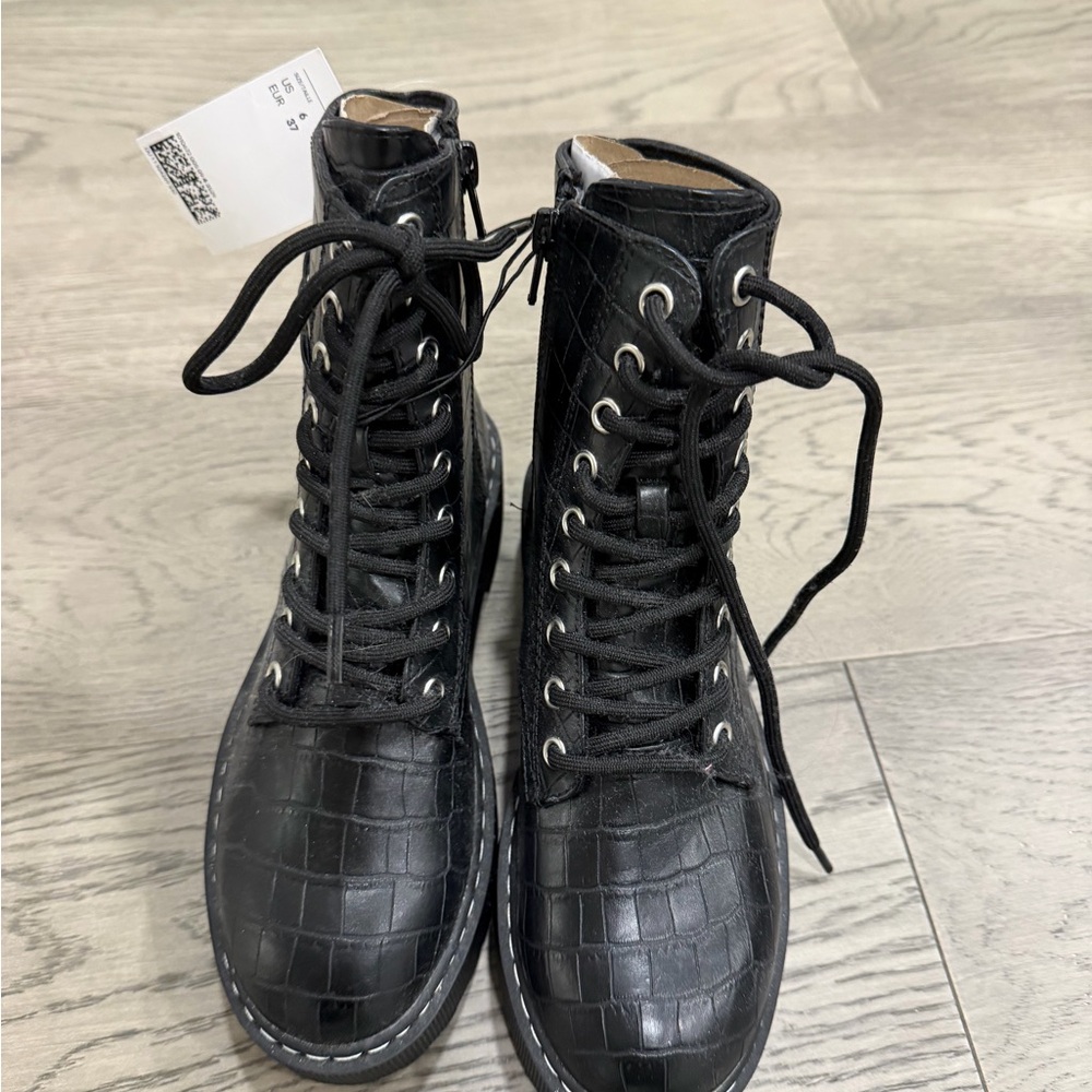 H & M Black Croc-Embossed Lace-Up Boots